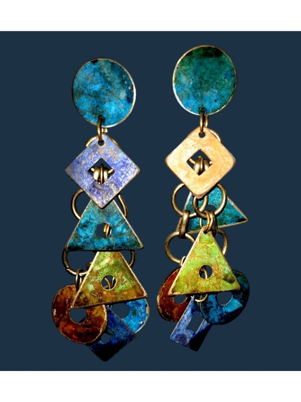 Vtg 1980s Artisan made Brass Dangle Earrings Verdigris Patina, Geometric Shapes